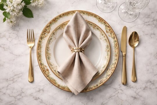Overhead shot of elegant folded napkin on decorative china plate laid on marble table backdrop with copy space
