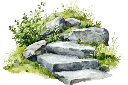 Stones leading up a pathway surrounded by grass and plants in a natural setting