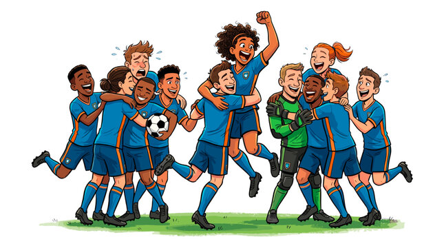 Soccer team celebrates a goal with enthusiastic hugs and high fives. The team consists of diverse players, all wearing matching uniforms and exuding pure joy