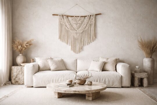 All white minimalist living space with wabi sabi plaster walls adorned by macrame wall hanging and cloth sofa