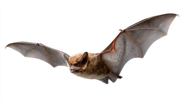 A small bat species in flight on a white background with wings fully extended.