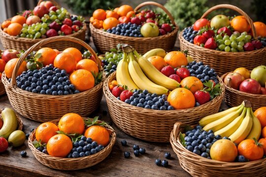 Diverse collection of weekly fruit baskets showcasing oranges blueberries and bananas