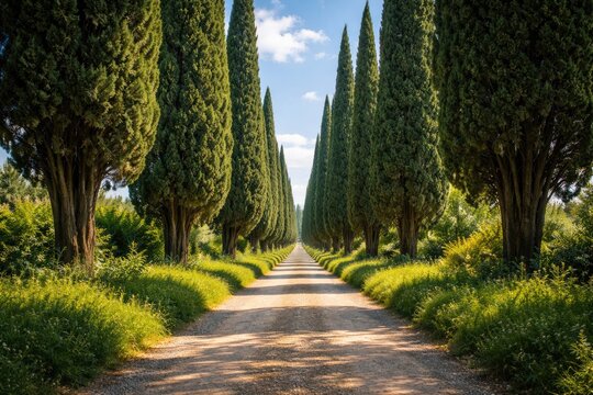 Pathway flanked by majestic green cypress trees and rich greenery captured from a low vantage point with blue sky