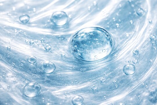 Macro view of gel texture with bubbles in blue serum on white