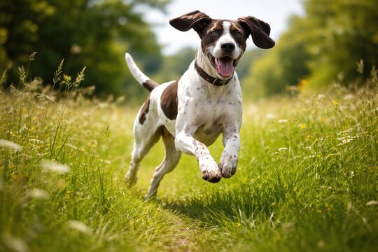 Happy pointer dog bounding through a fresh green summer meadow in full length on a warm day