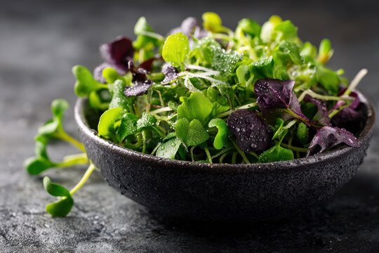 Colorful microgreen sprout mix served in a round ceramic bowl on a stone surface
