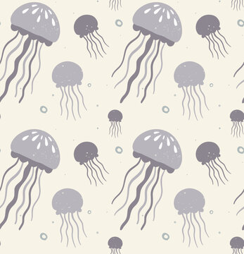 Seamless jellyfish pattern in soft blue tones with hand drawn marine style illustration