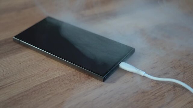 The smartphone caught fire while charging and there was thick white smoke from the wire. overheating of the gadget while charging. High quality FullHD footage