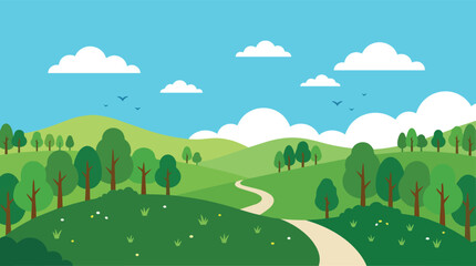 A serene landscape scene with rolling hills, trees, and a winding road under a blue sky with white clouds. © Faisal