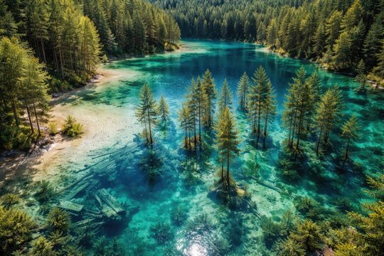 Clear aquatic forest scene featuring a flooded sandpit from above