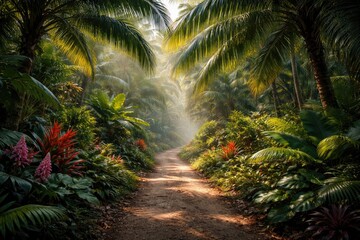 Fototapeta premium Quiet tropical route covered with vibrant palm fronds and flourishing exotic plants