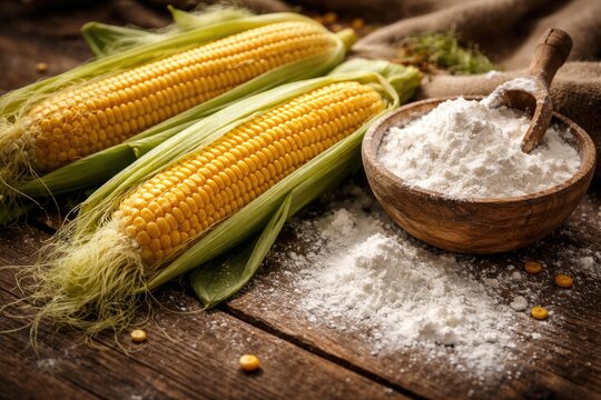 Unshucked yellow corn positioned near dusted cornstarch on rugged wooden surface