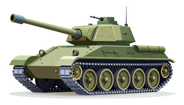Green military tank with tracks and cannon on white background.