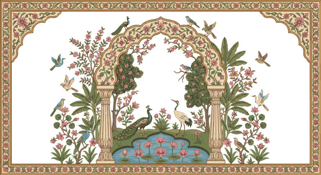 Generate a realistic Mughal pichwai arch garden with bird, plant, lotus illustration frame vector art with white background..