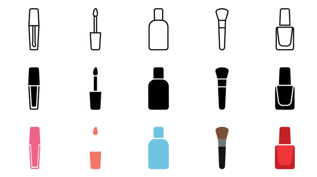 Cosmetic product icons set featuring various makeup and beauty items in outline, solid black, and vibrant colored styles for modern design projects.