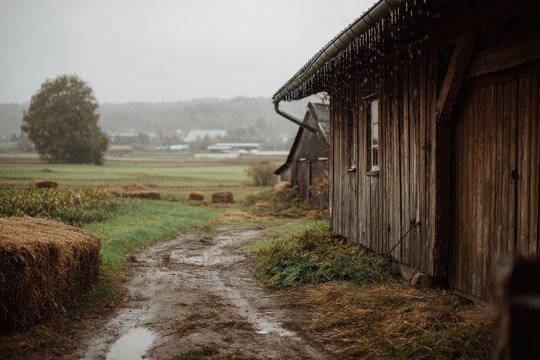 Cascading rain from eaves onto a rural barn with autumn crops in the background