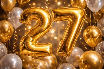 Obraz premium Inflatable 27 shaped balloons in glossy gold foil for festive occasions