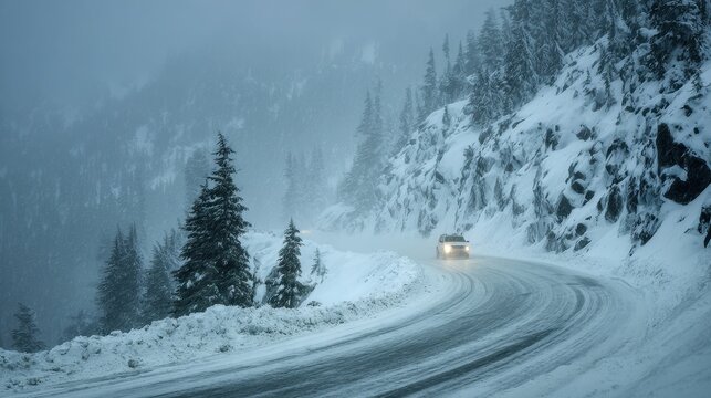 Desolate mountain pass under a gray sky during a fierce snowstorm