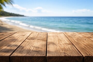 Fototapeta premium Close up of wooden plank table with gentle daylight and ocean view copy space