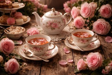 Fototapeta premium Tea time featuring roses and rustic wooden tabletop