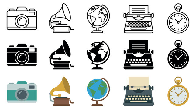 Classic retro objects represented as icons, including cameras, gramophones, globes, typewriters, and pocket watches in outline, solid, and colored styles.