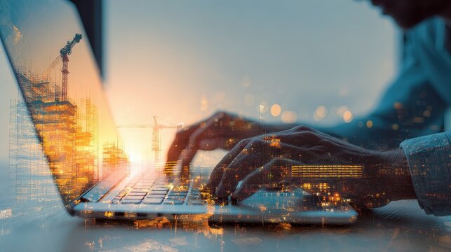 Electrical engineer using laptop for design (close up, focus on, copy space) vibrant screen and interface, double exposure silhouette with CAD.