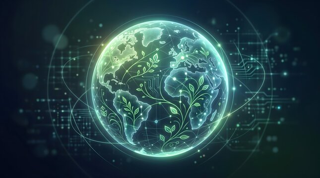 Global green technology and sustainable development concept. Glowing digital earth globe intertwined with nature leaves and cyber network circuits.