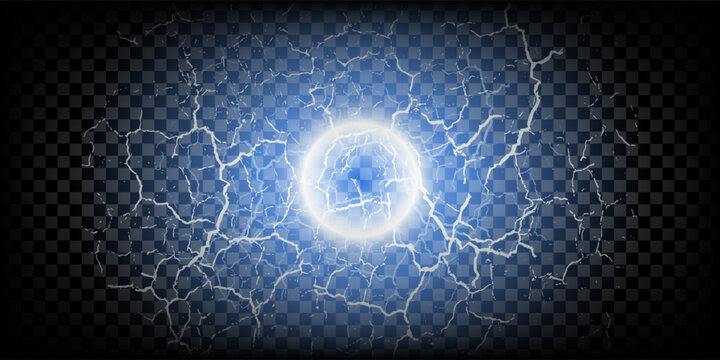 Lightning flash light thunder spark on transparent background. Vector ball lightning or electricity blast storm or thunderbolt in sky. Natural phenomenon of human nerve or neural cells system