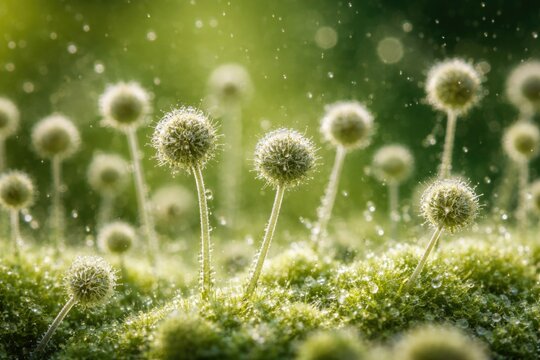 Macro shot capturing mold spores against a vibrant green surface