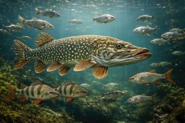 Obraz premium Pike predatory fish with multiple fish species swimming nearby
