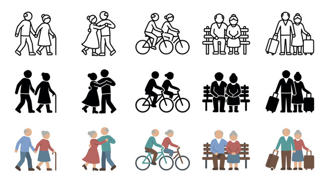 Elderly couples engaging in various activities, including walking, dancing, cycling, relaxing on a bench, and traveling, depicted in a collection of diverse icon styles.