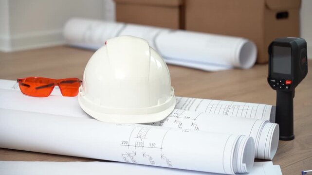 White construction helmet on the drawings, construction project repair tools. Construction design. High quality FullHD footage