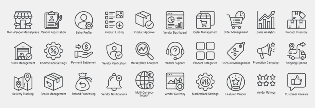 Online Marketplace Management and Vendor Platform Line Icon Set: Vector pictograms of 
Multi-Vendor Marketplace, Vendor Registration, Seller Profile, Product Listing, Promotion Campaign, and more.