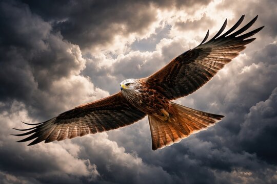 Red kite in flight against a turbulent sky featuring thick moving clouds conveying a sense of thrill