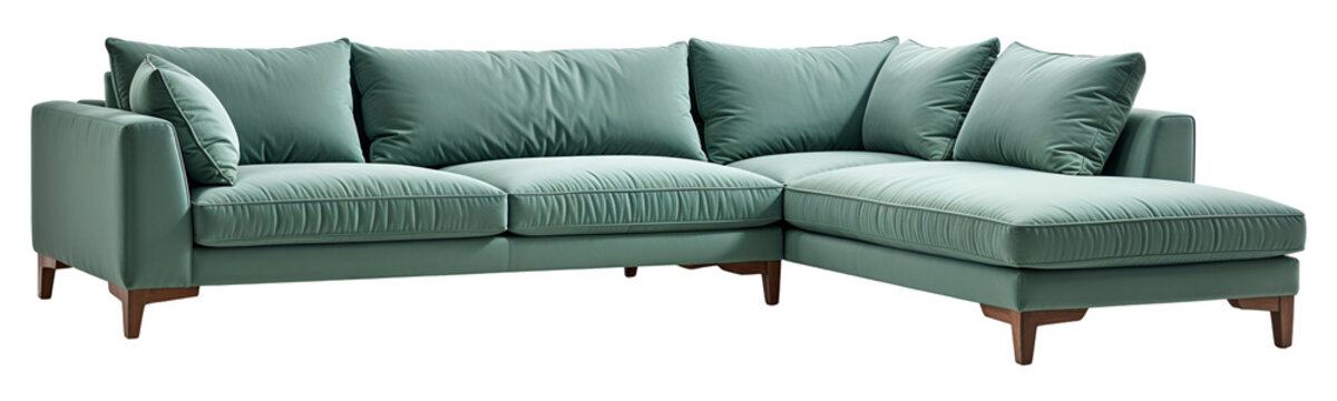 Large mint green corner sectional sofa isolated on transparent background. Modern living room furniture.