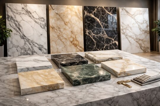 High quality marble slabs featuring sample cuts for stone countertops and tile floors
