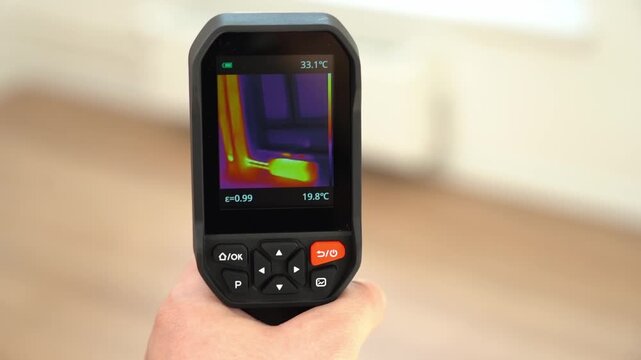 The thermal imager detects indoor heat loss in close-up. a construction specialist checks the heat loss in the room using a thermal imager. High quality FullHD footage