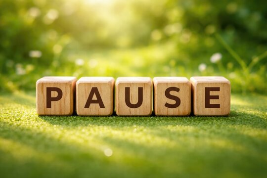 Wooden cube letters forming pause on a fresh green surface background
