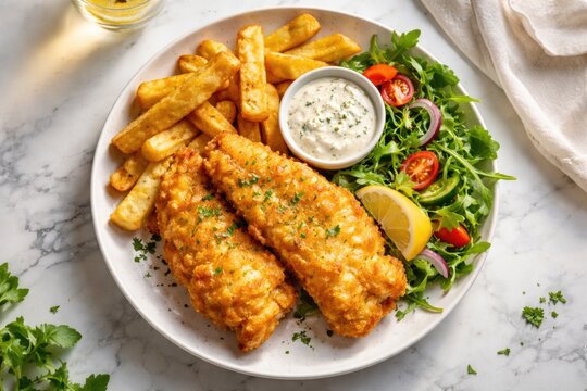 Golden fish and chunky chips with creamy sauce and mixed greens on smooth marble from above