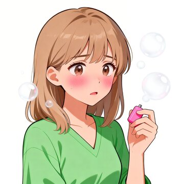 Shy young woman blowing soap bubbles with handheld toy