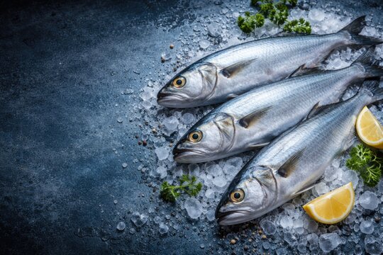 Cold surface showcasing fresh Pomatomus saltatrix fish in blue tones with copy space area