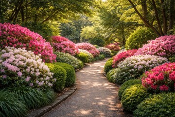 Fototapeta premium Charming garden path lined with flourishing azalea shrubs and trimmed foliage