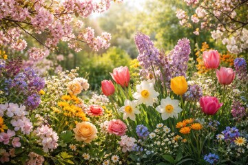 Obraz premium Springtime floral abundance with diverse blossoms and leafy branches