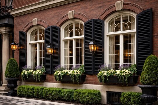 Sophisticated building exterior highlighting arched sash windows, black shutters, and brick lintel accents