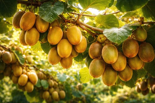 Sunlit kiwi tree branches laden with ripe golden and green kiwi fruits