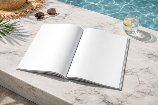 Magazine mockup with blank pages placed on marble close to a pool