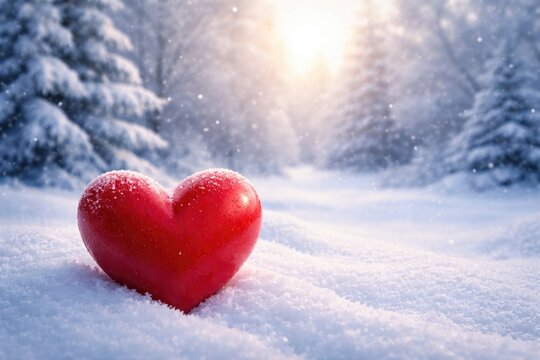 Red heart motif expressing love on a serene winter backdrop with generous copy space