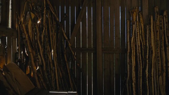 Stacks of birch logs lean against dark wooden barn walls, while thin lines of daylight filter through the boards, creating a raw and atmospheric storage scene.