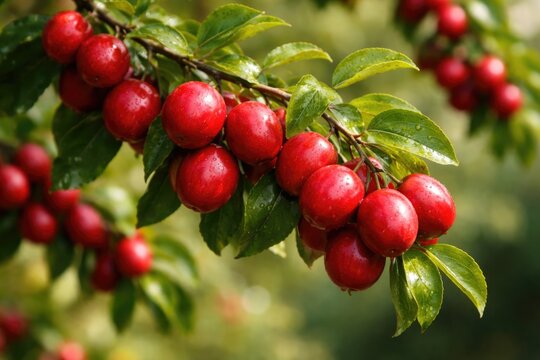 Branch of apple kul boroi with vibrant red fruits captured with shallow depth of field
