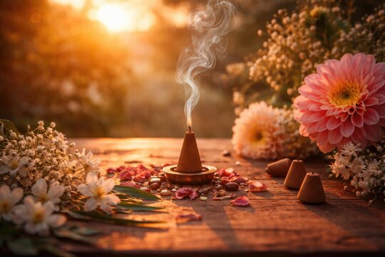Relaxing scene of burning incense cones and fresh flowers under warm sunset light